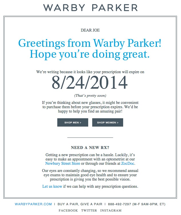 Warby Parker email marketing example